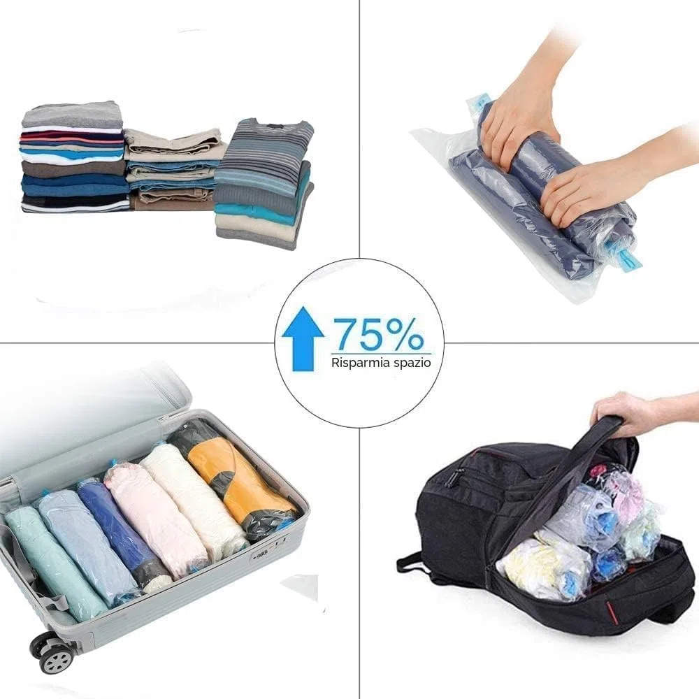Sacchi Sottovuoto di Rotolo a Mano, 10 Pz (5 * 60 x 40 cm) (5 * 50 x 35 cm) Sacchetti Buste Sottovuoto Salvaspazio， Buste Sottovuoto Vestiti,Borse da viaggio,per Viaggi, Pompa Senza Bisogno.