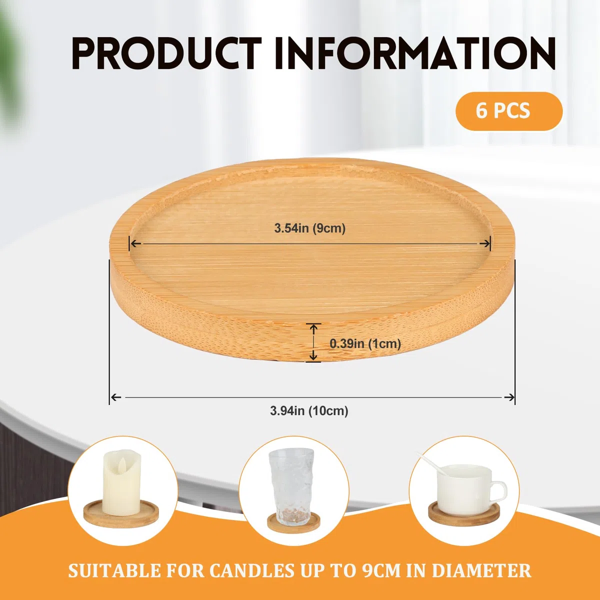 Sottobicchieri per candele, 6 pezzi, in legno (oliato), piatti per candele con diametro di 9 cm, sottobicchieri per battesimi, candele di nozze, per decorare o come articolo da regalo
