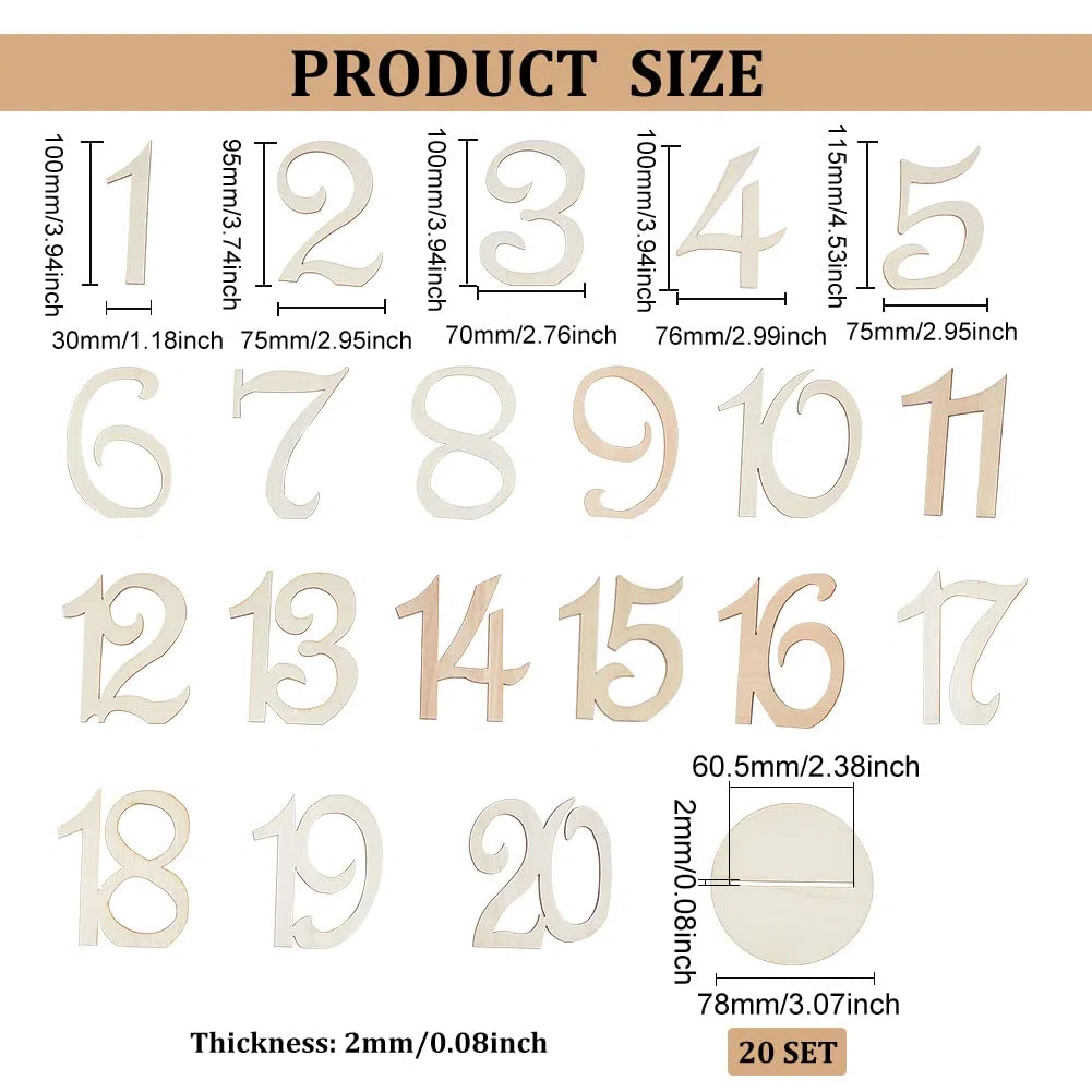 FINGERINSPIRE Numeri da Tavolo in Legno con Base di Supporto 10cm di Altezza Numeri in Legno 1-20 Numeri a Forma di Numero Decorazione da Tavolo in Legno per Feste di Nozze, ricevimento e Eventi