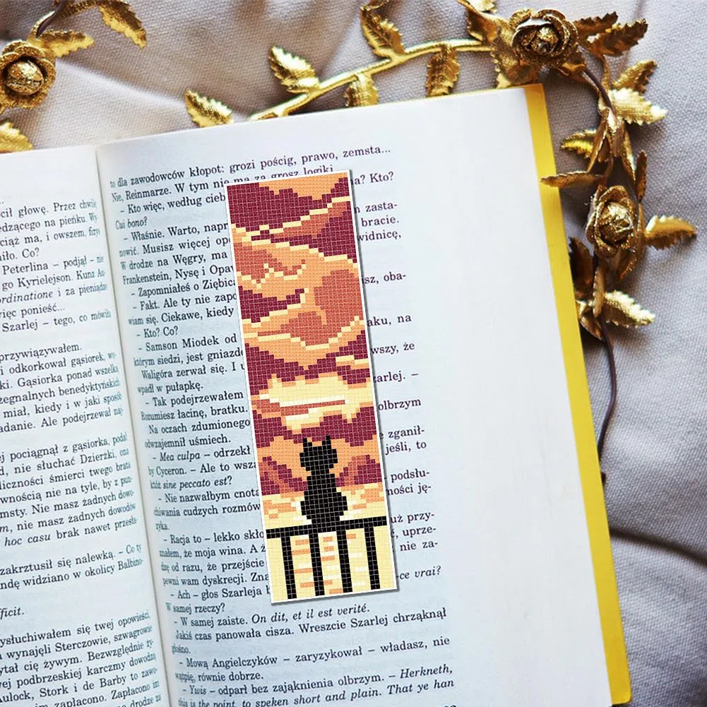 FREEBLOSS Set di 6 segnalibri a punto croce con motivo paesaggistico e gatto, kit da ricamo con istruzioni, per adulti, 20,3 x 6,1 cm