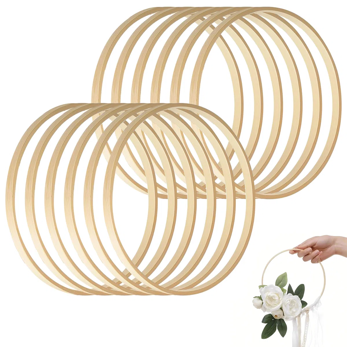 SRTSTR 12 Pezzi Cerchi per Acchiappasogni 15 cm Anelli in Legno di Bambù Cerchi Legno per Macramè Ghirlande Floreali Decorazioni Fai da Te e Artigianato