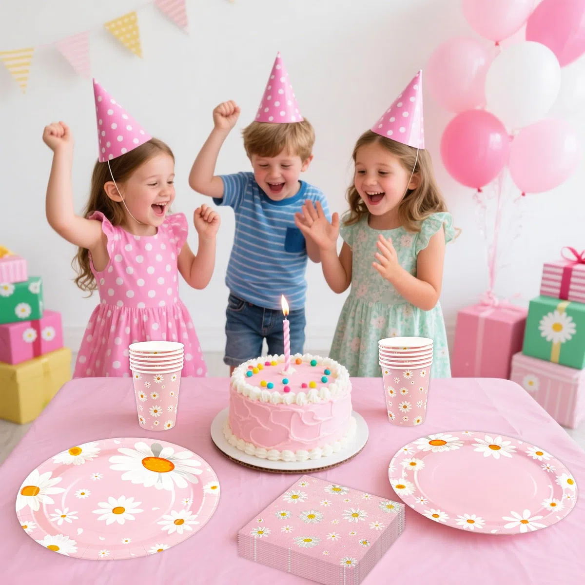 80 pezzi di stoviglie per feste, con margherite, graziose margherite, tovaglioli, bicchieri per bambini, uomini e donne, decorazione di compleanno
