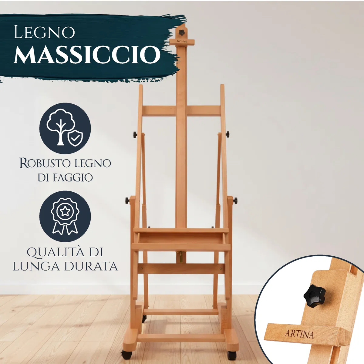 Artina Cavalletto da Studio per Pittura Professionale - Verona - cavalletto in Legno di faggio oleato - Cavalletto per dipingere Professionale