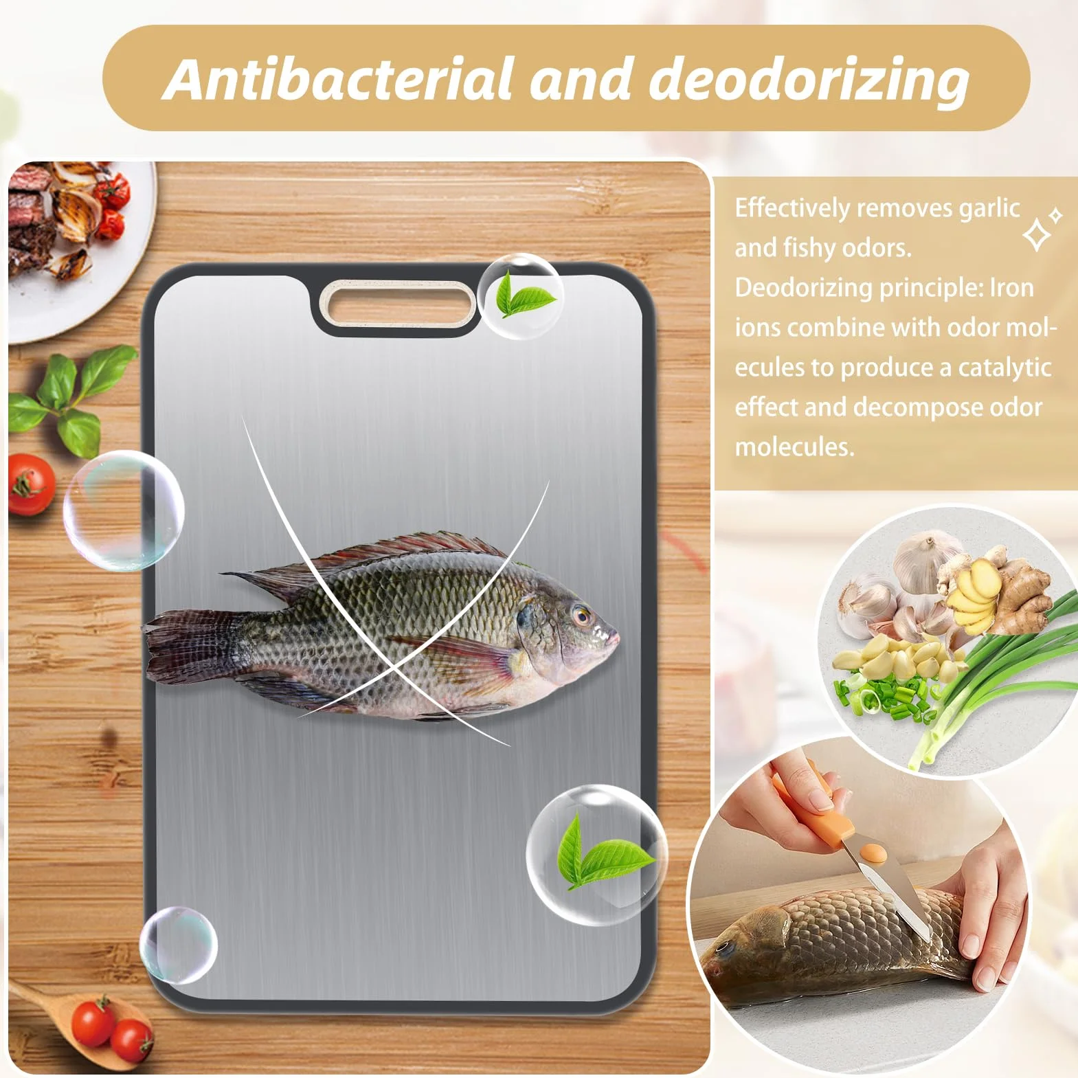 Zikenis Tagliere in Acciaio Inox Alimentare,Tagliere in Titanio per Cucina,con Design a Rete Antigraffio,Reishülsenfaser,antibakterielles Schneidebrett mit Scanalatura,rutschfester Griff,senza BPA