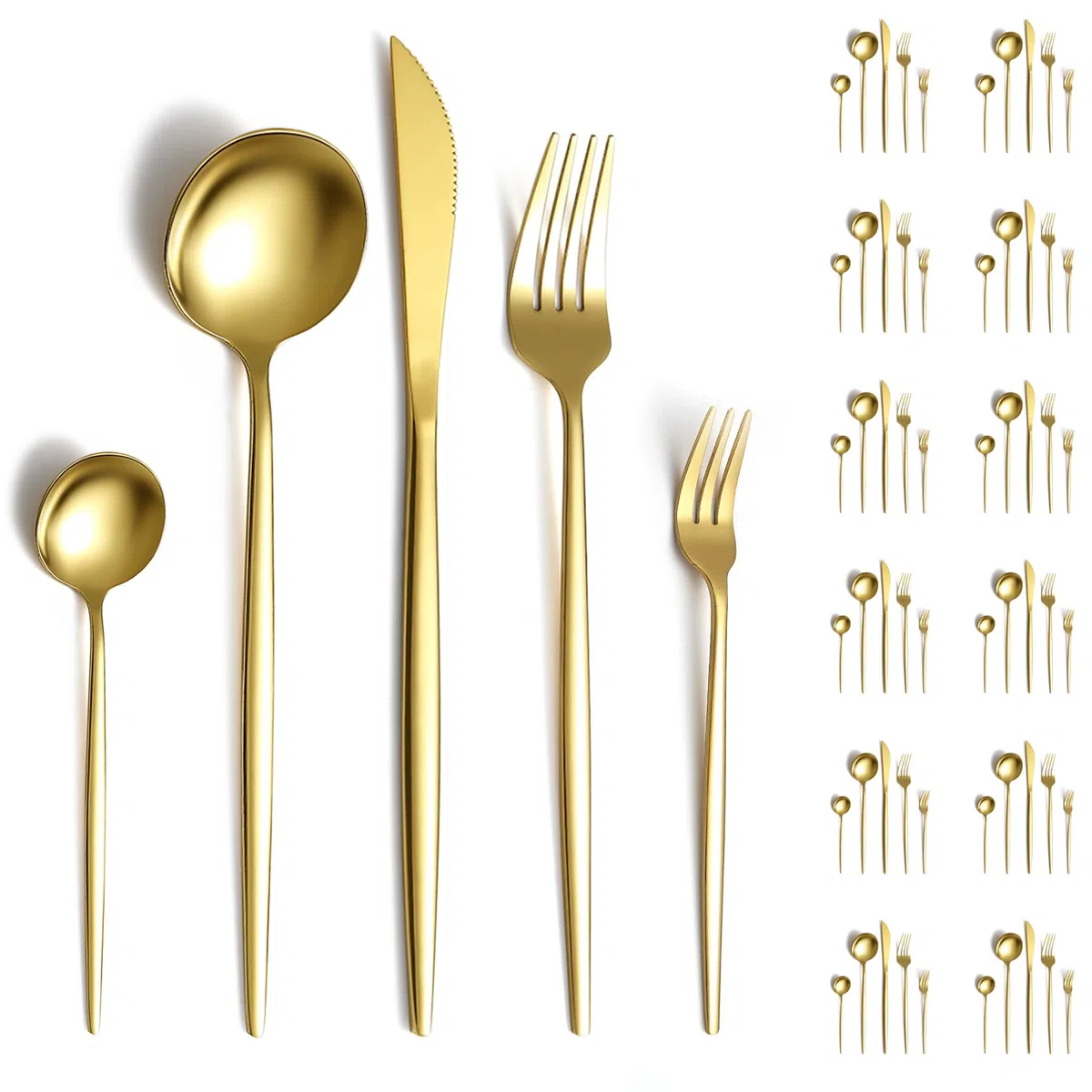 Evanda Set di Posate oro 60 pezzi per 12, set di posate in acciaio inox placcato oro al titanio, set di coltelli, forchette, cucchiai e posate per matrimoni, sale da pranzo, lavabile in lavastoviglie