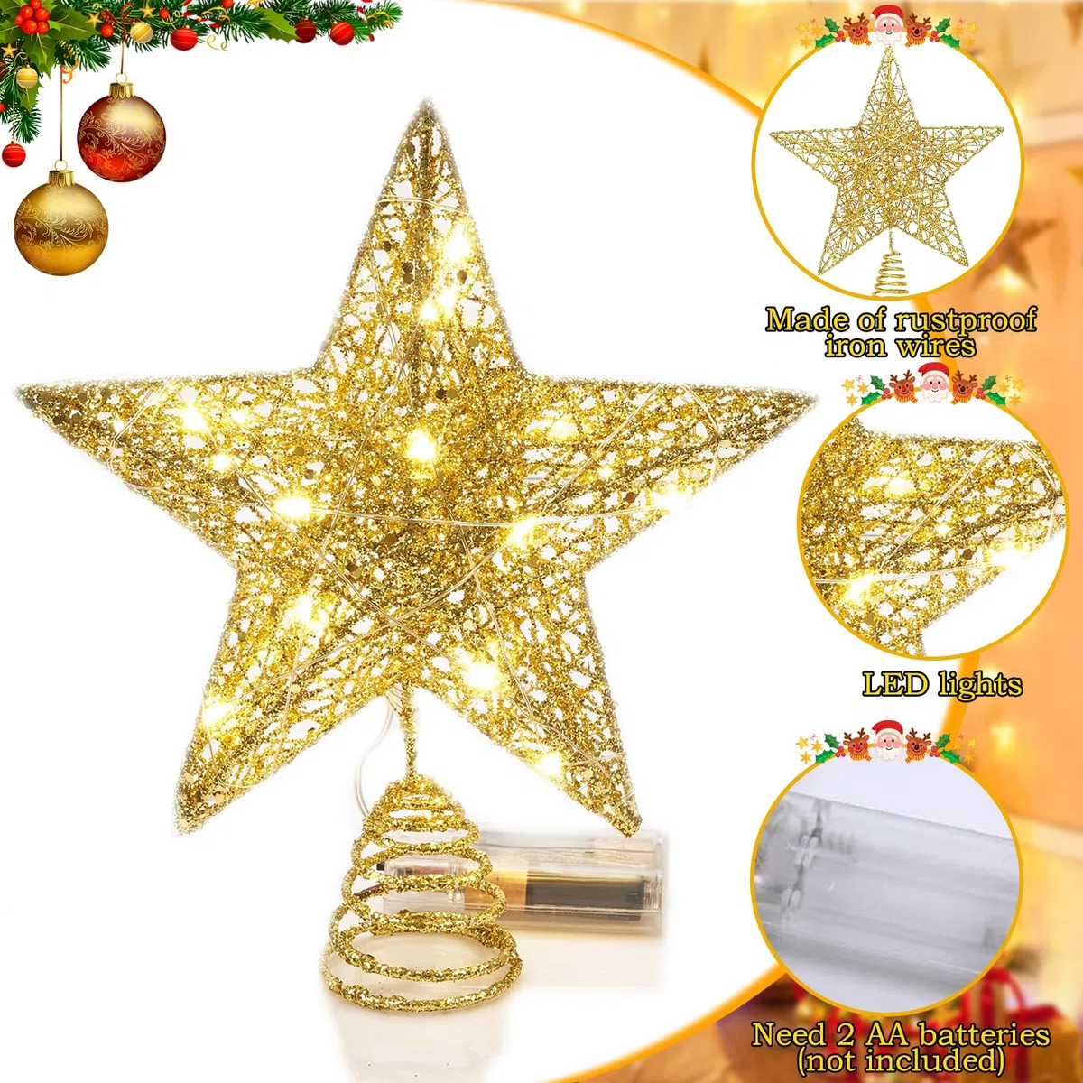 Punta per albero di Natale con 20 LED, 20,3 x 25,4 cm, luce a corona, in ferro, per interni, due modalità (luce accesa/lampeggiante)