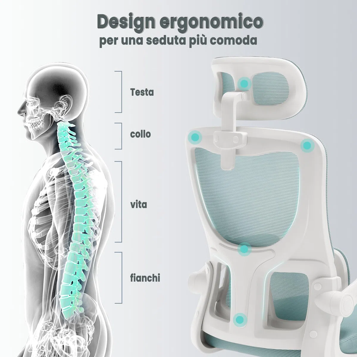 WOLTU Sedia Ufficio Ergonomica, Sedie Ufficio a Rete Traspirante, Con Supporto Lombare Adattativo a Forma Di C, Poggiatesta Regolabile, Braccioli Ribaltabili, per Scrivania, Casa, Blu