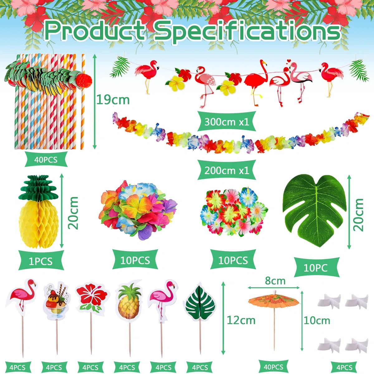 142 Pezzi Gonna Tavolo Hawaiana Gonna da Tavolo Fiori Hawaiani Foglie di Palma Cake Topper Festa Hawaiana,ghirlande Luau banner e Cannucce per Feste Hawaiana,Barbecue Decorazioni da tavola