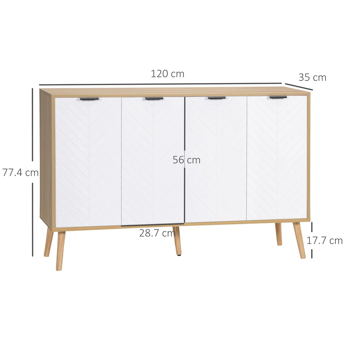 HOMCOM Credenza Cucina, Mobile Cucina con Ripiani Regolabili e Gambe in Legno di Pino, Credenza Buffet Moderno per Soggiorno, Salotto, Sala da Pranzo, 120x35x77.4cm, Naturale e Bianco