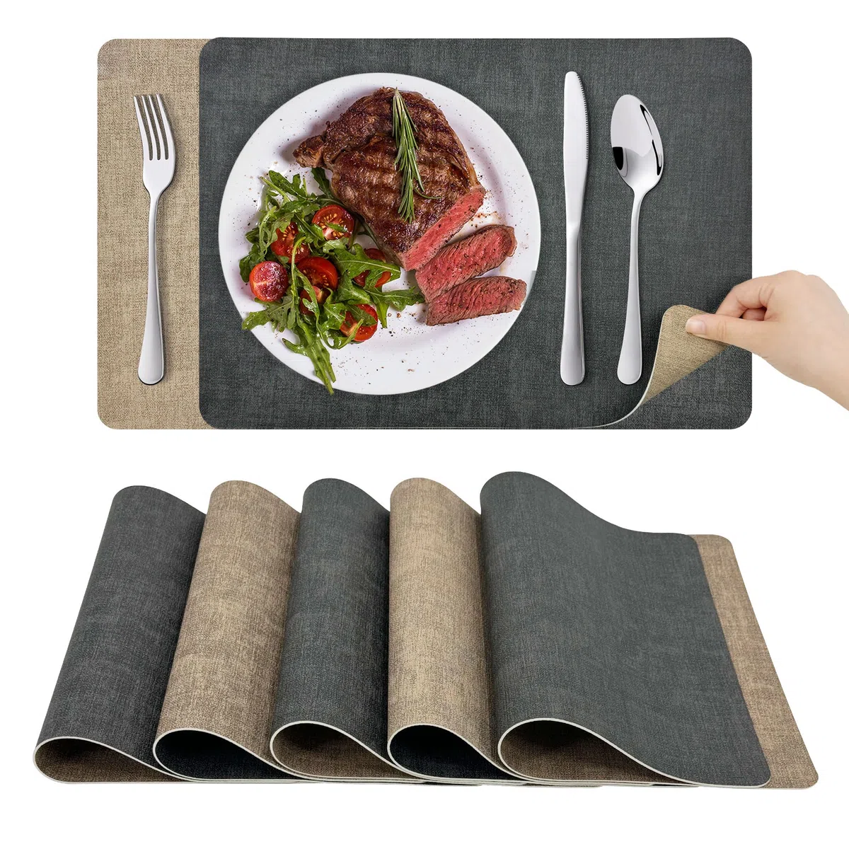 KitchenBoss Tovagliette Lavabili Tovaglietta Americana：Set di 6 Tovaglietta Colazione e Sottobicchieri, Bifacciale Antiscivolo Resistenti, Grigio Albicocca Rettangolare 43x30cm
