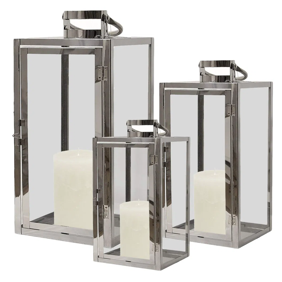 Mojawo Elegante set di 3 lanterne XL, altezza 53, 40, 30 cm, in acciaio inox e vetro, con manico, in vetro, portacandela da giardino,