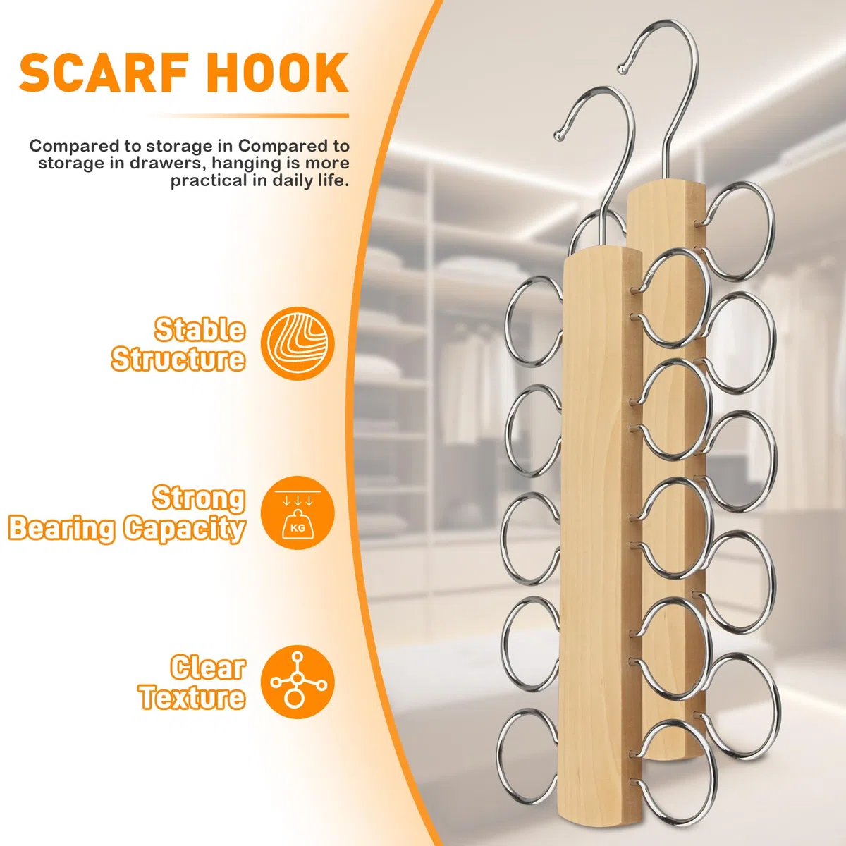 Supporto per sciarpe, in legno, con 10 fori, per guardaroba, cravatte, cinture, sciarpe, accessori (marrone, 2)