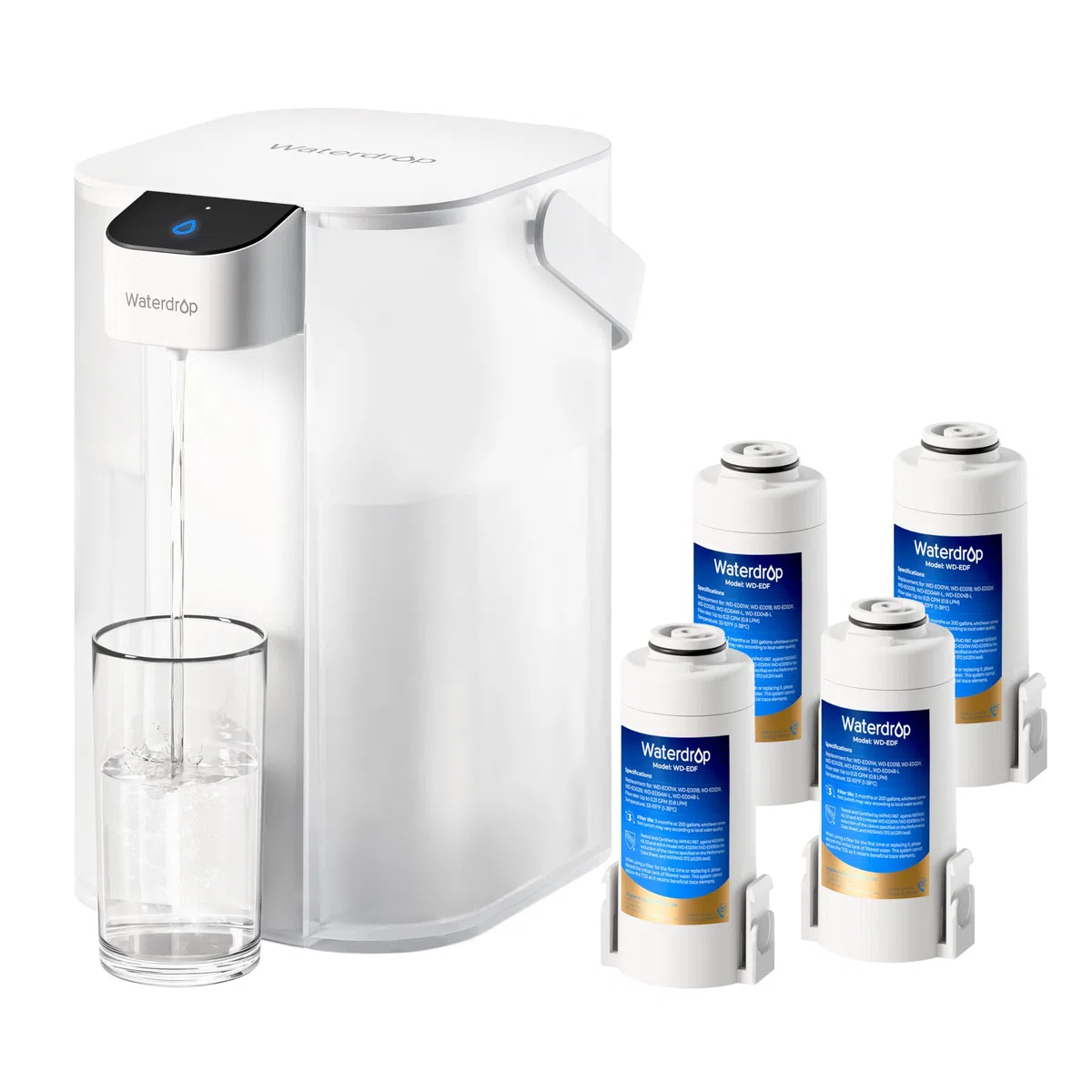 Waterdrop Caraffa filtrante elettrica istantanea con 4 filtri da 3 mesi, sistema di filtraggio dell'acqua da banco da 3,5 l, riduce cloro, piombo, mercurio, riduce PFAS, PFOA/PFOS, 757 litri, bianco