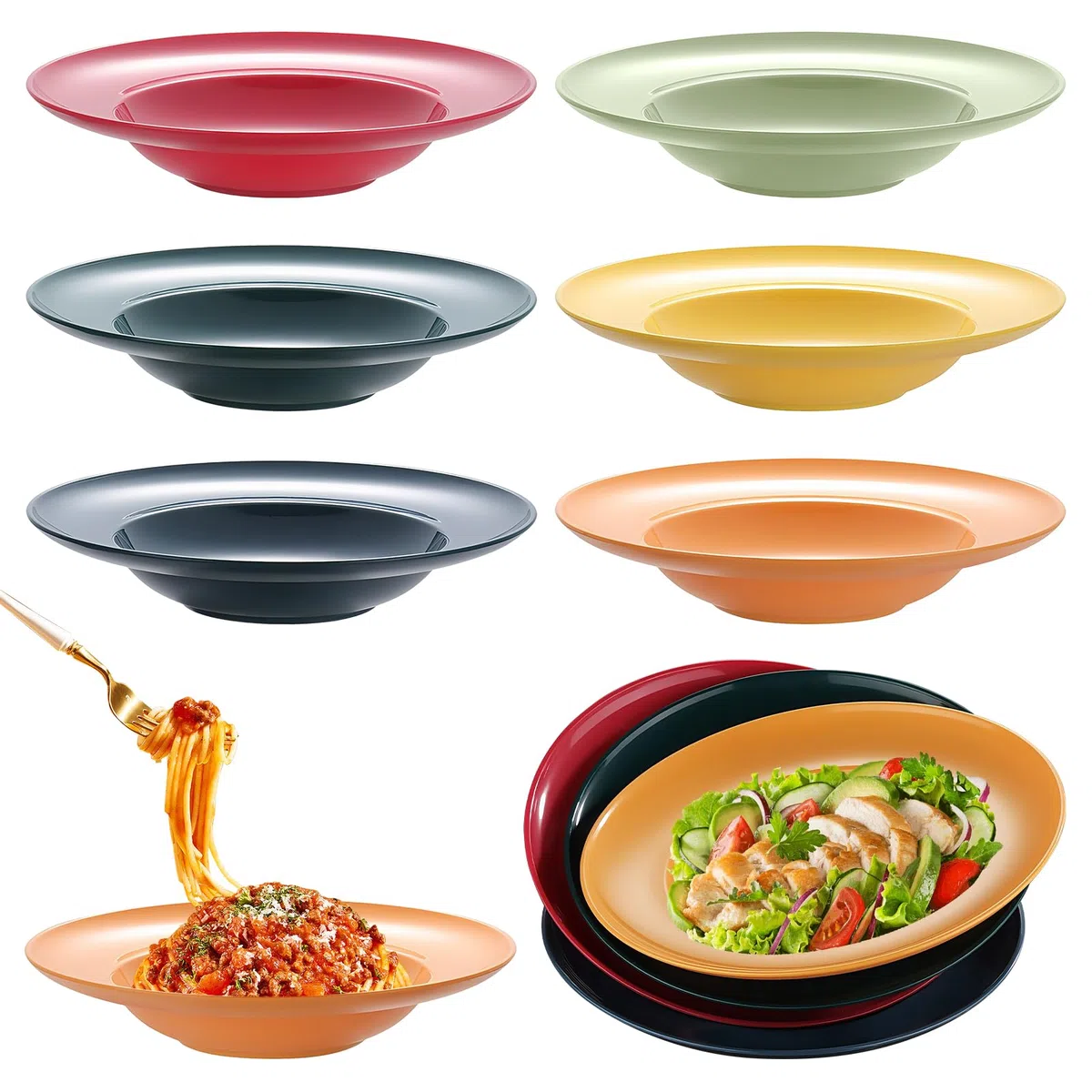 6 piatti per pasta profondi: set di piatti fondi da 23 cm in plastica riutilizzabile, piatti colorati per spaghetti, pasta, insalate, bistecche