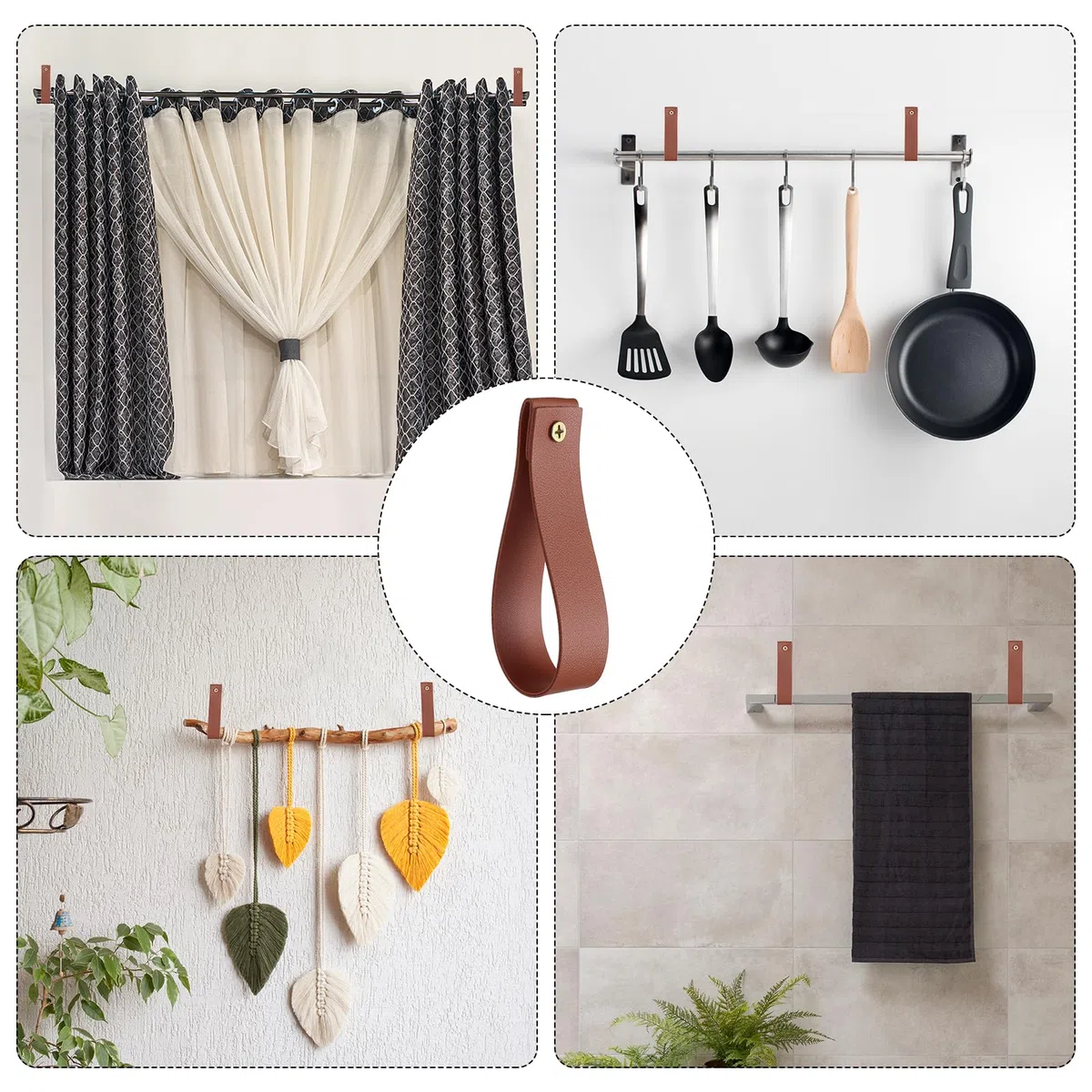 QUARKZMAN 4pz Porta Asta Tende Pelle 1 x 4.7 Pollici Cinghie Appendere Parete Staffe per Ganci per Asta Tende Ganci con Viti per Parete Bagno Cucina Camera da Letto, Marrone Scuro