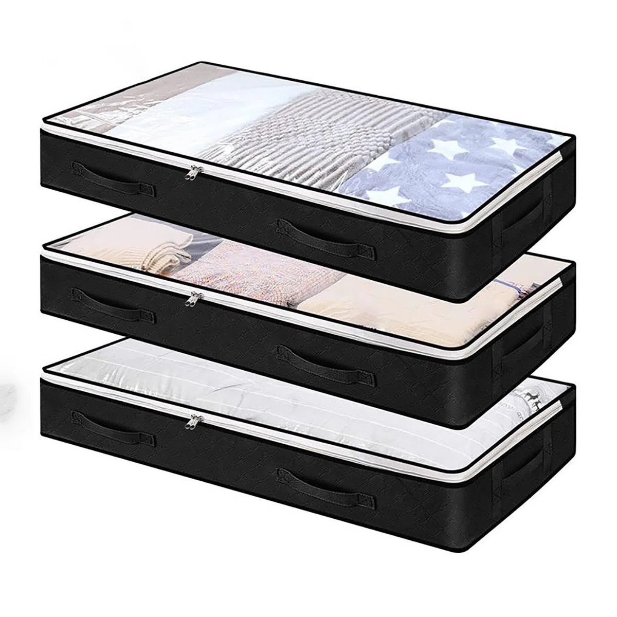 3 cassettiera sotto il letto di alta qualità con finestra di visualizzazione, 90 l, pieghevole, contenitore per vestiti, da soffitto, 4 maniglie, 100 x 50 x 15 cm, colore nero