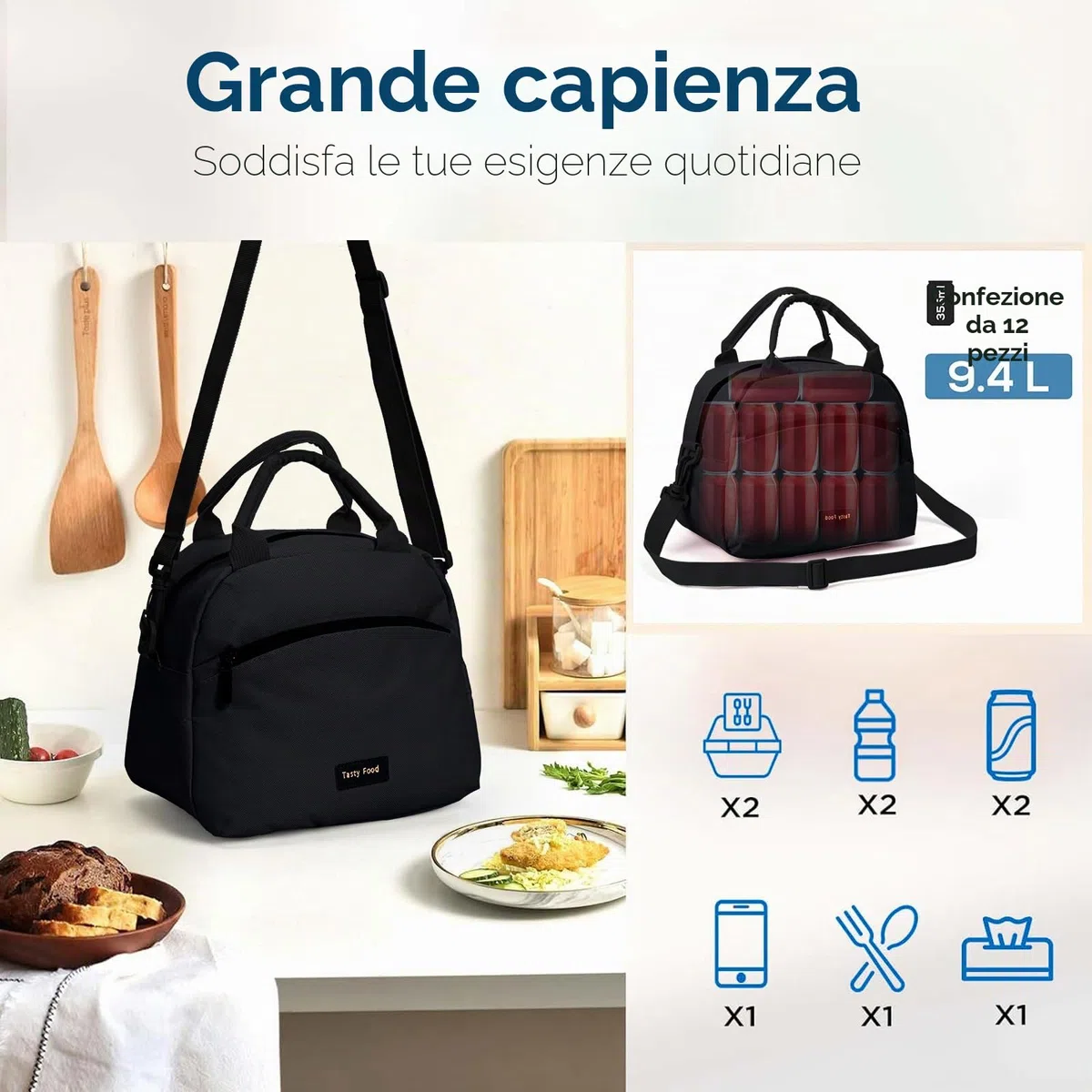 Runmeihe Borsa Termica per Donna, Borsa Porta Pranzo Riutilizzabile con Tracolla, Piccole Lunch Bag Impermeabili per Adulti per Lavoro Viaggio Picnic Scuola (BLACK)
