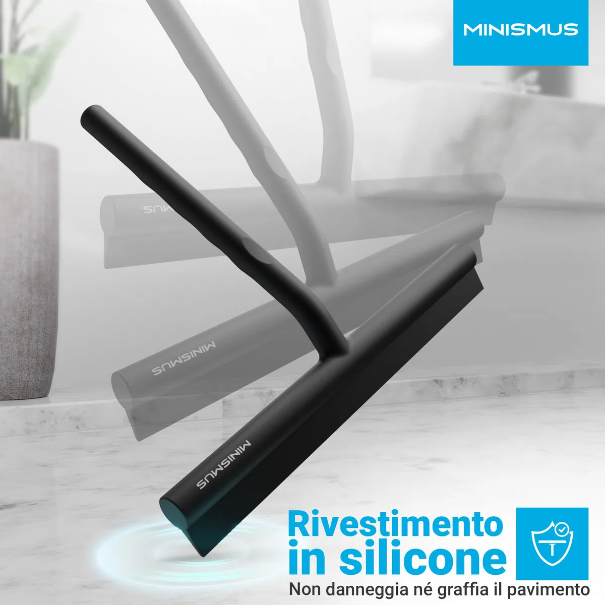 Minismus Tergivetro per Doccia - Pulisci Vetri Porte e Finestre - Tergivetro Doccia Silicone - Pulisci Doccia Vetro, Bagno e Specchi - Senza Foratura, Supporto Incluso (Nero, 21 cm)