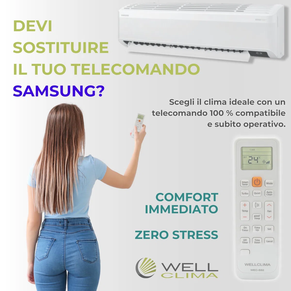 Wellclima Telecomando Universale per Climatizzatori Samsung, Compatibile con Tutti i Modelli, Simile agli Originali, Funzioni Avanzate, Utilizzo Immediato, Supporto Diretto