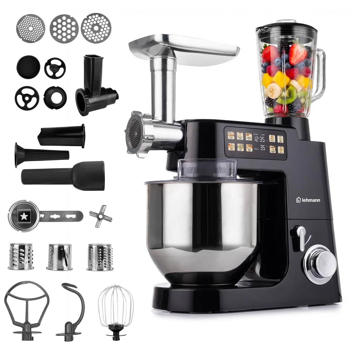 LEHMANN Teyles Impastatrice Planetaria Professionale 2100W 8L con Bilancia Integrata, Touchscreen e Ciotola Riscaldata, Blender 1,5L, Tritacarne, Planetaria per Pane e Pizza, Nero