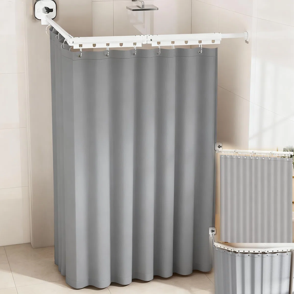 Bastone Per Tenda Doccia Pieghevole, Set Aste Per Tenda Doccia Pieghevole A 4 Vie Con Ventosa 1,8X2,0M TendaDoccia Impermeabile Senza Fori Asta 162cm Forma L/U A Forma Scala Dritto (Grigio, 4 Volte)