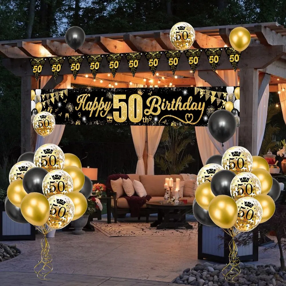 Palloncini 50 Anni Compleanno per Uomini e Donne, Oro Nero Happy 50th Birthday Striscione Oro Nero Palloncini con Coriandoli Fuochi D'artificio Striscione Bandiera Triangolare