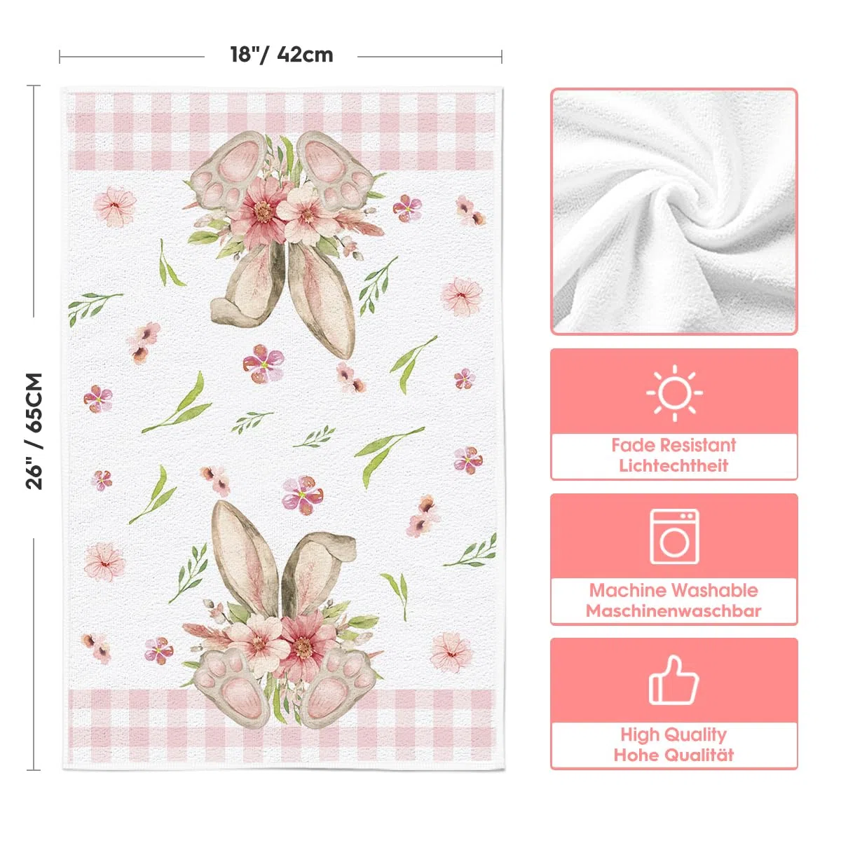 Artoid Mode Set di 2 asciugamani da cucina rosa a quadri di bufalo fiori coniglio pasquale, 42 x 65 cm, decorazione primaverile