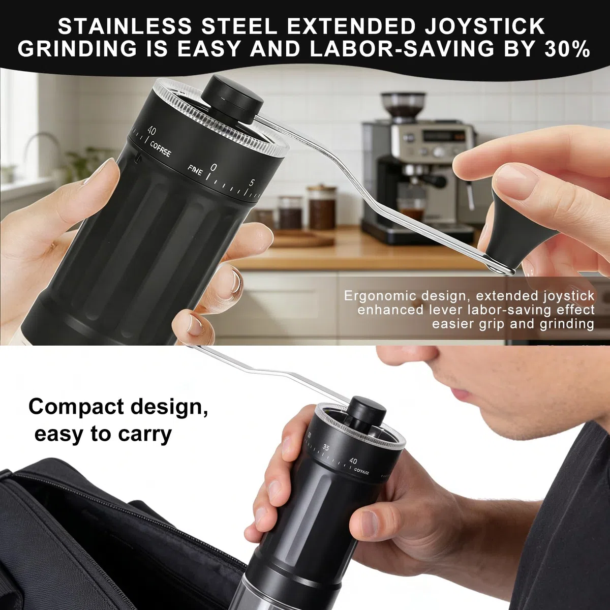 Macinacaffè Manuale, Macina Caffè Manuale con 40 Impostazioni Regolabili, Coffee Grinder Portatile per Espresso, Moka, French Press, Macina Caffè per per Viaggio, Campeggio, Ufficio