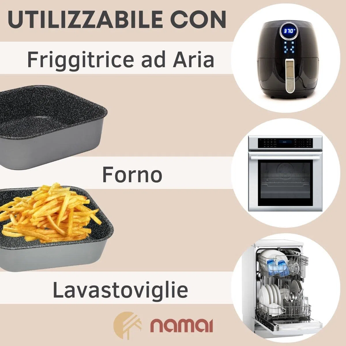 NAMAI - Teglia 20x20 Misure Interne, Teglia per Friggitrice ad Aria Quadrata, Adatta alla Lavastoviglie, Teglia per Forno, Alluminio, Effetto Pietra, Teglia 21x21 Misure Esterne (20 x 20)