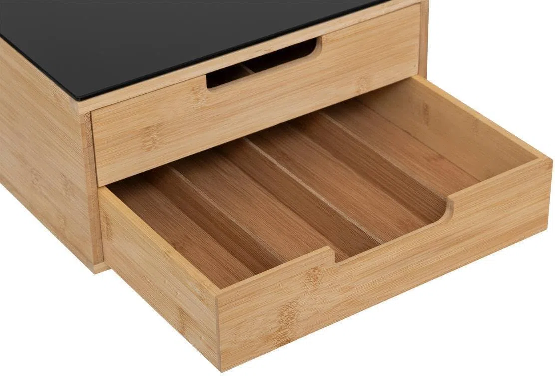 Porta Capsule Caffè in Bambù, Cassetto Estraibile, Supporto Macchina Copertura Vetro, Struttura Bamboo, Misura 30x30x10 cm, Universale Compatibile Tutte le Cialde (BIANCO DOPPIO CASSETTO)