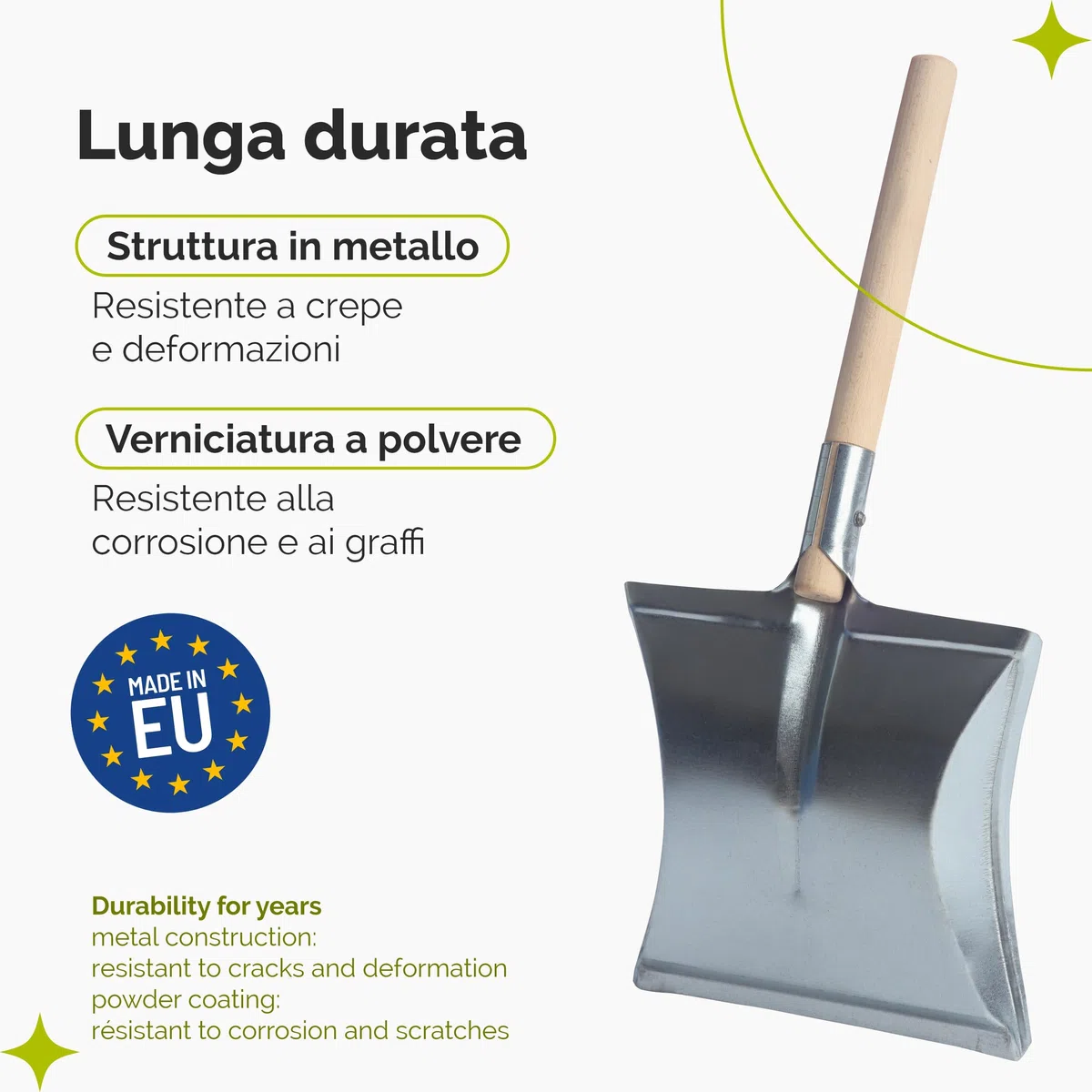 Garronda Paletta in metallo con manico in legno, pala da giardino robusta ideale per pulizie di carbone, cenere e segatura, paletta camino per uso interno ed esterno GD-0002 (Argento)