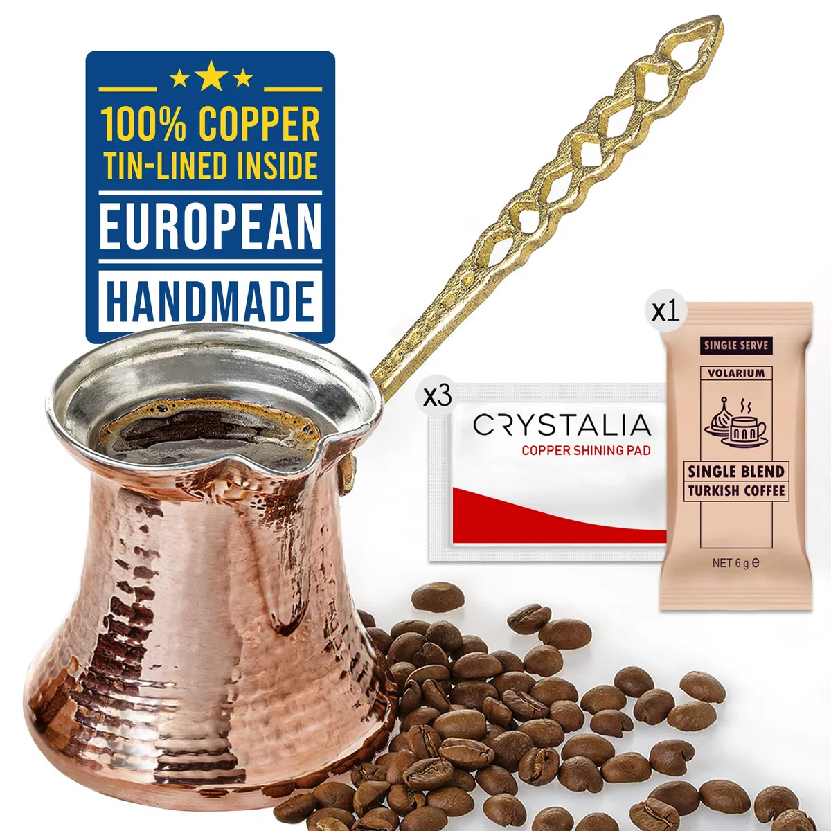 CRYSTALIA - Caffettiera turca in rame, realizzata a mano, in rame Cezve, per caffè turco, arabo, greco, martellata a mano, 200 ml