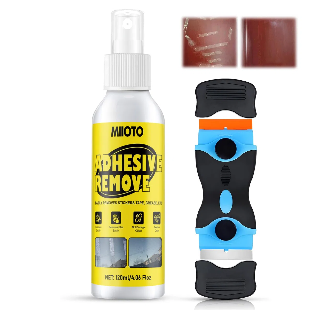 Miioto 120ML Rimuovi Colla, Sciogli Silicone, Solvente Rimuovi Silicone, Dotato di Raschietto Multiuso, Rimuove Rapidamente Etichette e Colla Ostinate Senza Lasciare Residui