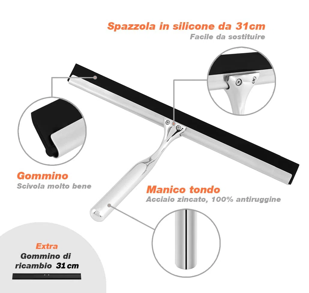 Tergivetro Doccia 31 cm kowald in Acciaio Inox | Kit Professionale con 2 Ganci e Gomma di Ricambio | Tergicristallo Extra Largo per Vetri e Piastrelle