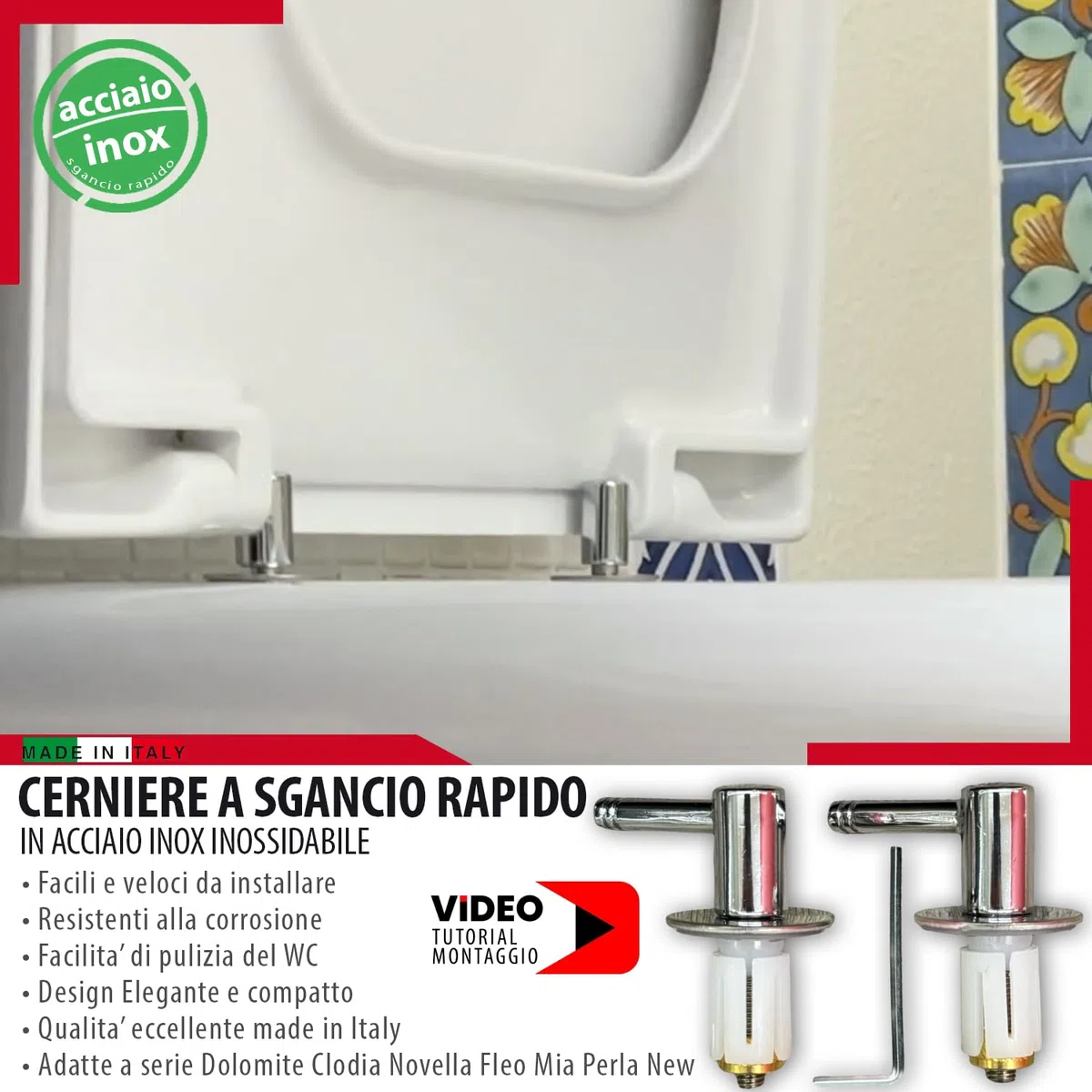 Cerniere Tavoletta WC Acciaio Inox - MASTERBRICO, Cerniere Copriwater a Sgancio Rapido, Universali per Copriwater Dolomite Clodia, Mia, Fleo, Novella, PerlaNew - Design Cromato Moderno - Set 2 Pezzi