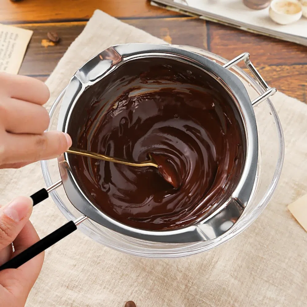 Bagnomaria in Acciaio Inox, 2 Pezzi 400ml Pentolino bagnomaria, 1 Pezzi Cucchiaio in Acciaio Inox, Manico in Silicone, per Cioccolato, Zucchero, Burro, Formaggio, Caramello, Acciaio Inox 304