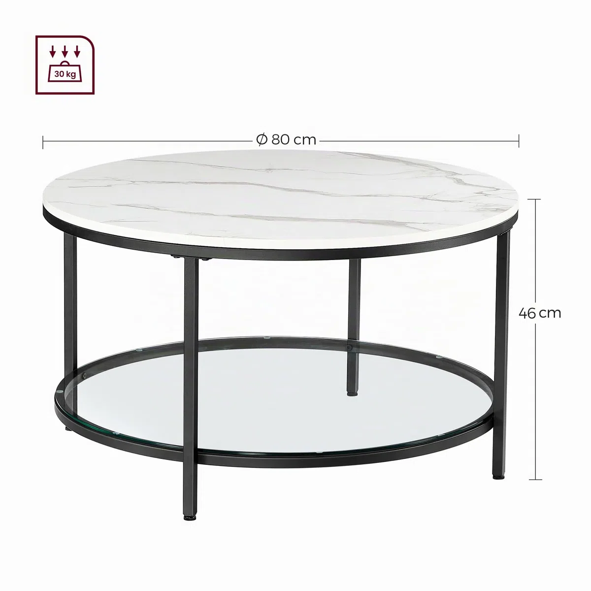VASAGLE Tavolino da Salotto Rotondo, Tavolino da Caffè Tavolo con Piano Effetto Marmo, Ripiano in Vetro Temperato, Montaggio Facile, Moderno, Soggiorno, Bianco Marmo e Nero Inchiostro LCT071B13