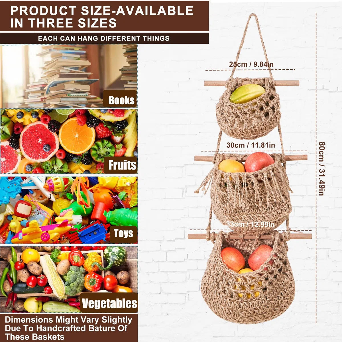 Cesto di Frutta da Appendere,Cestino da parete in corda di cotone intrecciata a mano a 3 strati,Cesto di Frutta Verdura Boho da Appendere,Appendino per Porta Cesto Decorativo per Cucina (Marron)