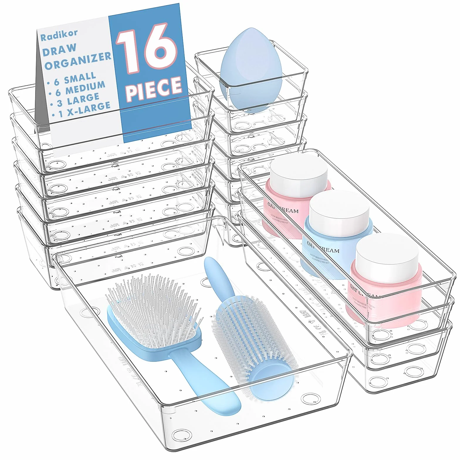 Radikor Organizer Cassetti 16 Pezzi, Contenitori per cassetti in Plastica Trasparente di 4 Dimensioni, Divisori per Cassetti Impilabili per Bagno, Cucina, Trucchi