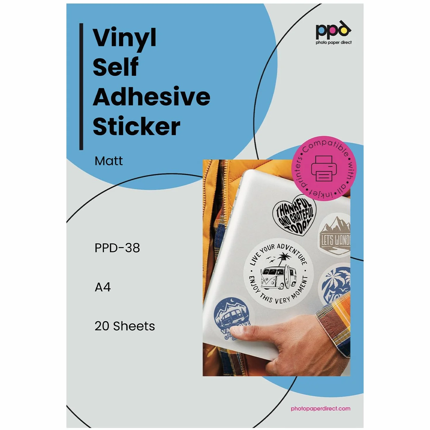 PPD A4 20 Fogli Di Carta Vinile Adesiva Opaca Per Stampanti Inkjet - Sticker Bianco - PPD-38-20