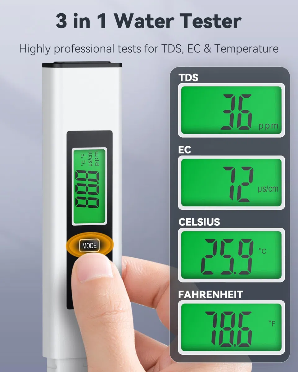 Pawfly 3 in 1 TDS Tester digitale dell'acqua, misuratore temperatura TDS EC (℃/℉), misuratore test dell'acqua rapido preciso, tester della qualità dell'acqua 0 a 9999 ppm, acquario piscina potabile