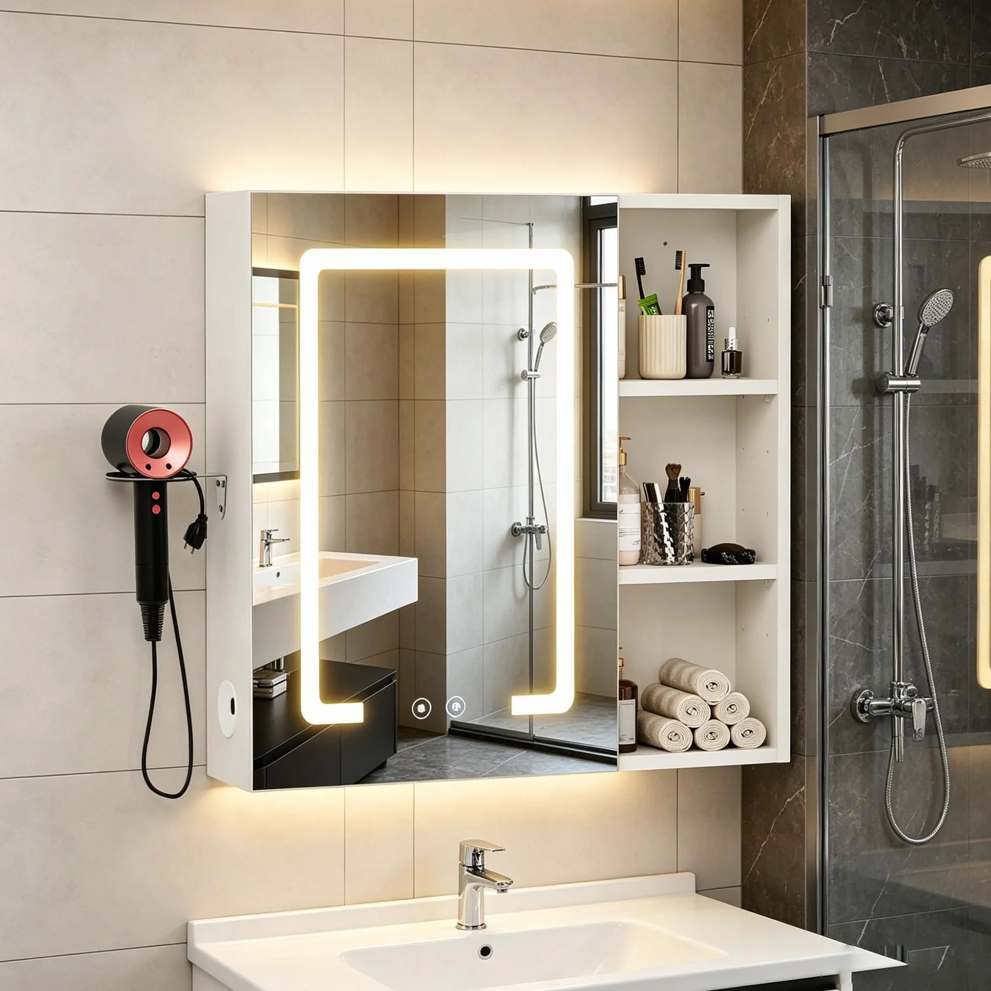 Specchio Bagno Contenitore con illuminazione e Antiappannamento Armadietto Bagno a Parete con 3 Mensola Regolabile e Porta asciugacapelli Luce a 3 colori Specchio Contenitore 60x60x15 cm Bianco