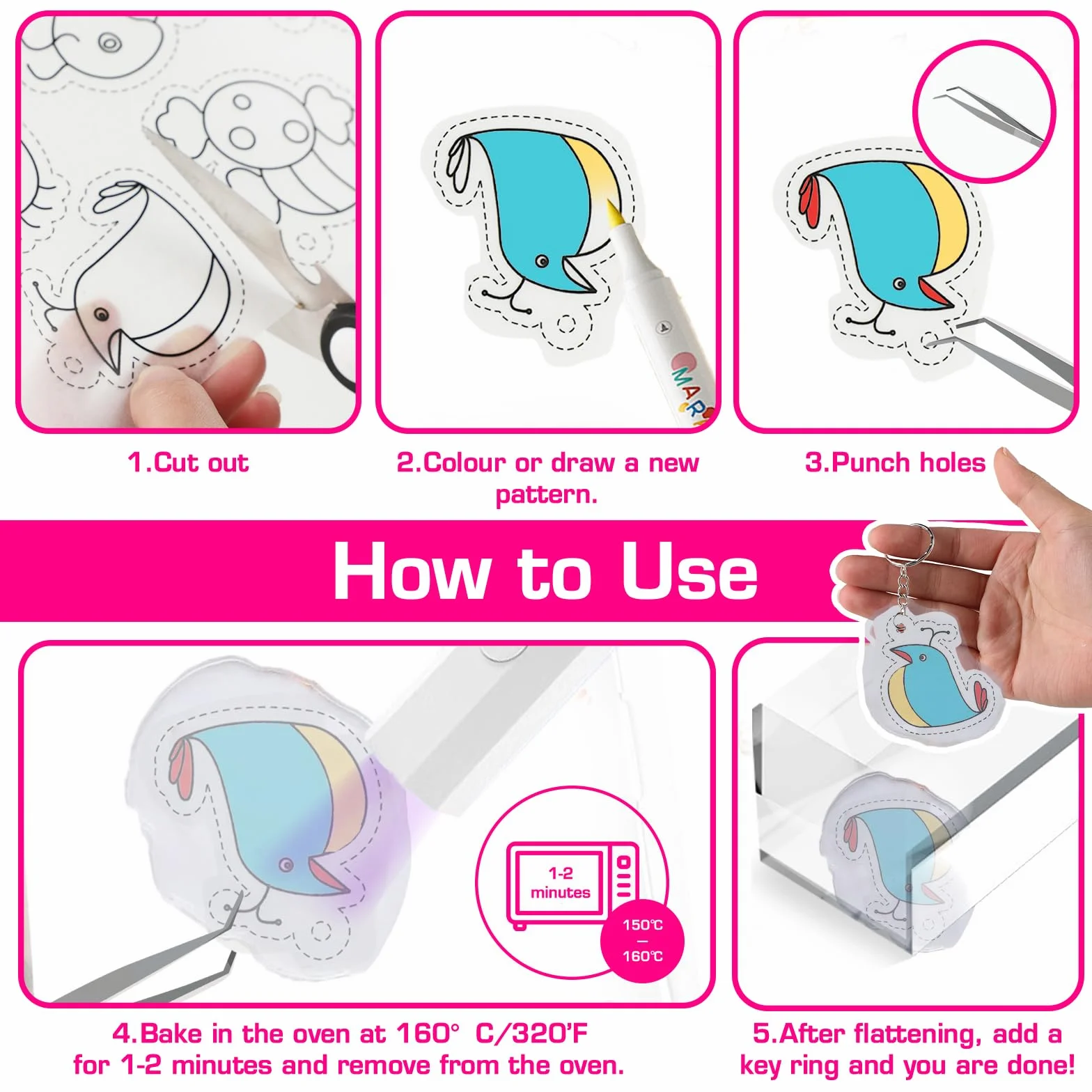 SZEBISOA 46 Pezzi Plastica Termoretraibile Kit (12 fogli plastica termoretraibile A4, 2 A4 e 2 A5 con motivi, 30 anelli portachiavi) Shrink Plastic set creativo fai da te.