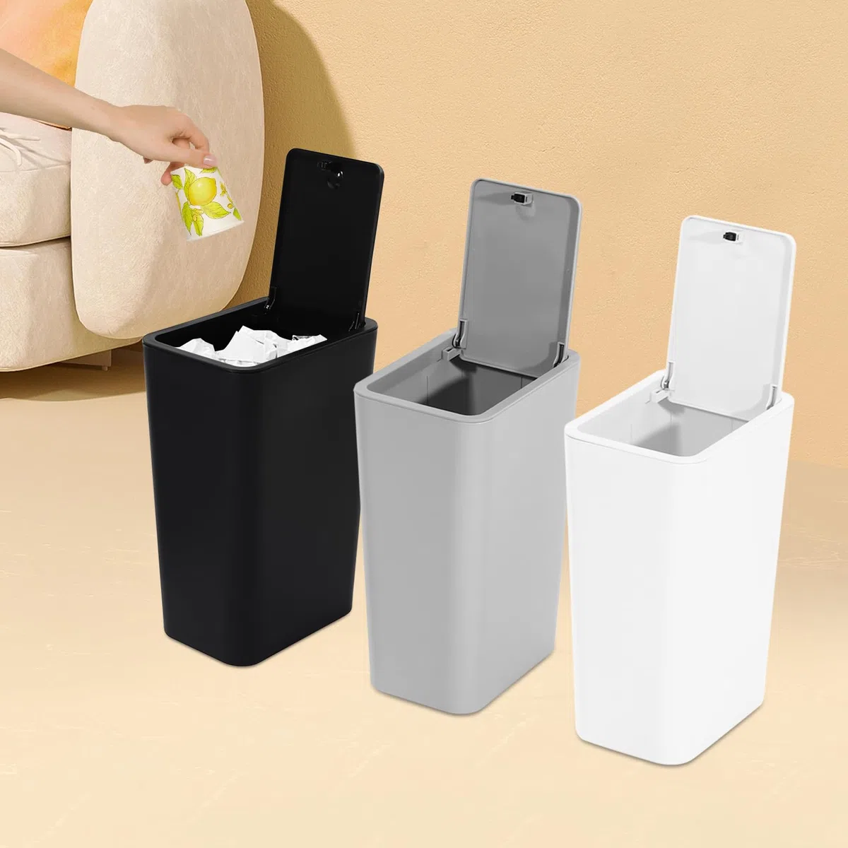 3 x 9L Pattumiera con coperchio, in plastica (PP), pattumiera piccola per cucina, bagno o ufficio, rettangolare, 22,2 x 15,7 x 33 cm, Nero, Bianco, Grigio