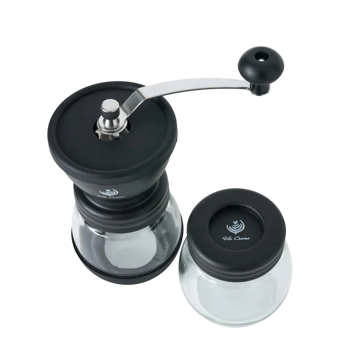VIA CREMA Macina Caffè Manuale Macinacaffè Chicchi in Vetro, Coperchio Silicone, Lame in Ceramica Regolabili Pratico Macinino Macina Caffè a Mano