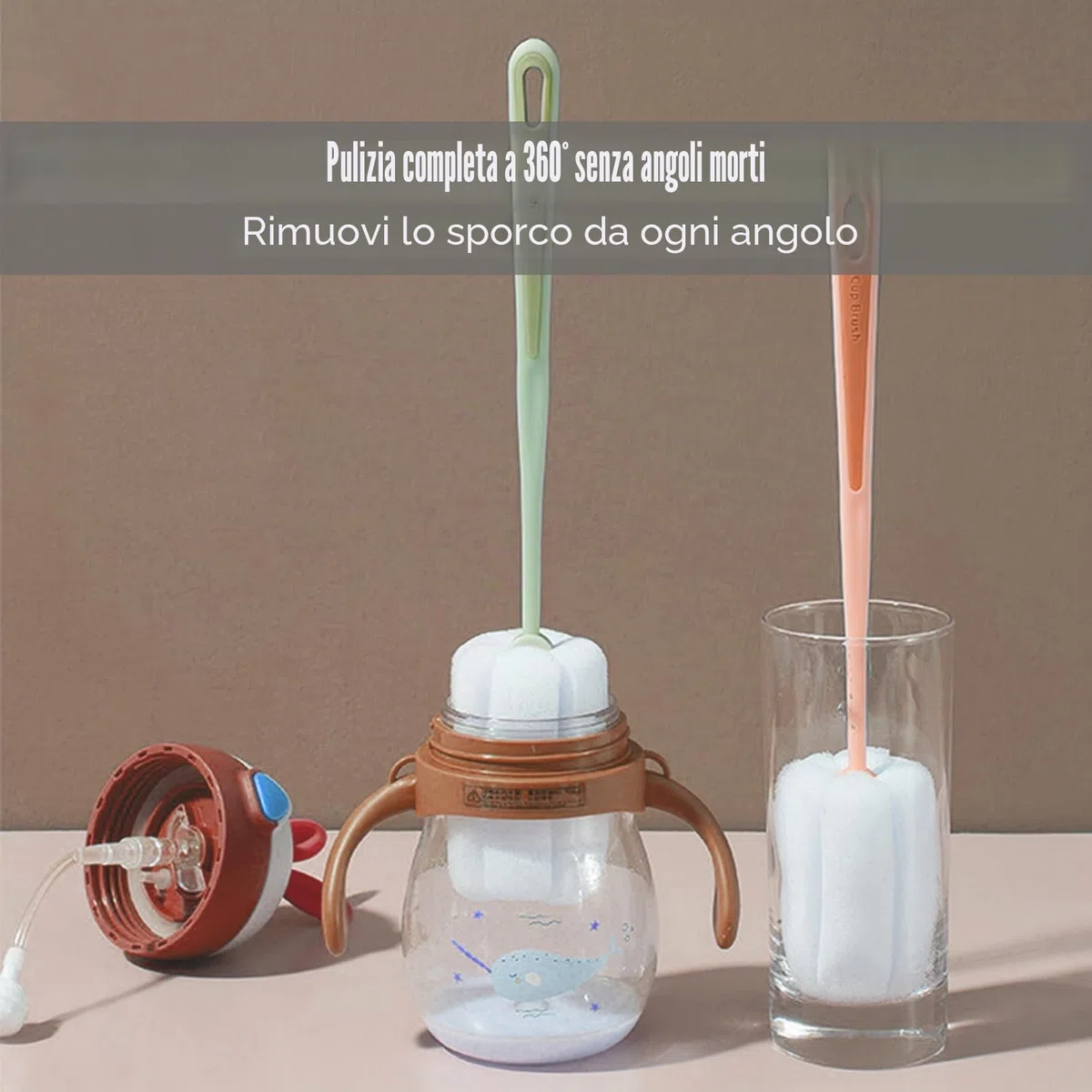 4 confezioni di spazzole per la pulizia con spugna morbida, spazzole per la pulizia con manico in plastica per biberon, borracce e tazze, strumento di pulizia per thermos e tazze (bianco, verde, blu