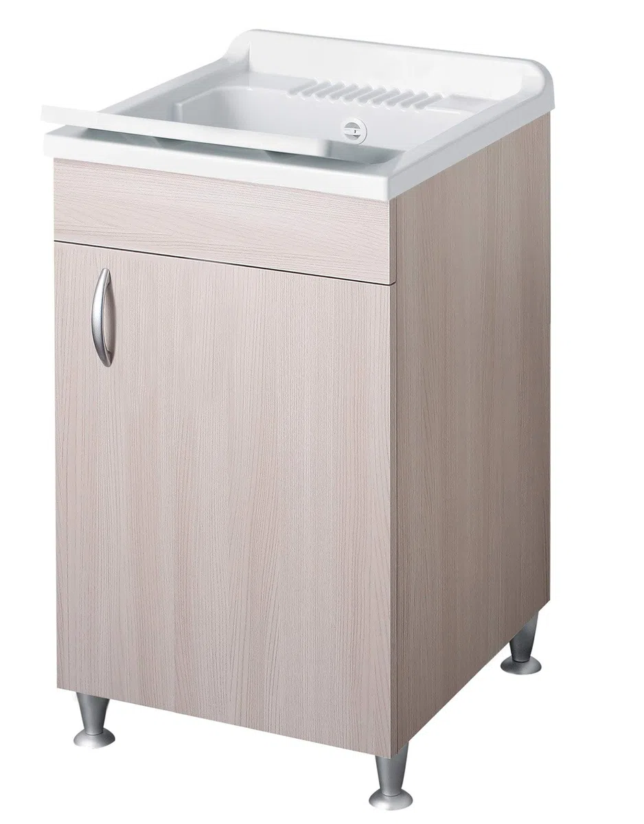 Negrari Eco Lavatoio Montato 50x50 L50 P50 H85 CM Colore Olmo Interno Lavanderia Mobile Nobilitato Idrofugo Legno Vasca Asse Plastica Piedini Regolabili Ante Battenti Economico Qualità Medio Alta