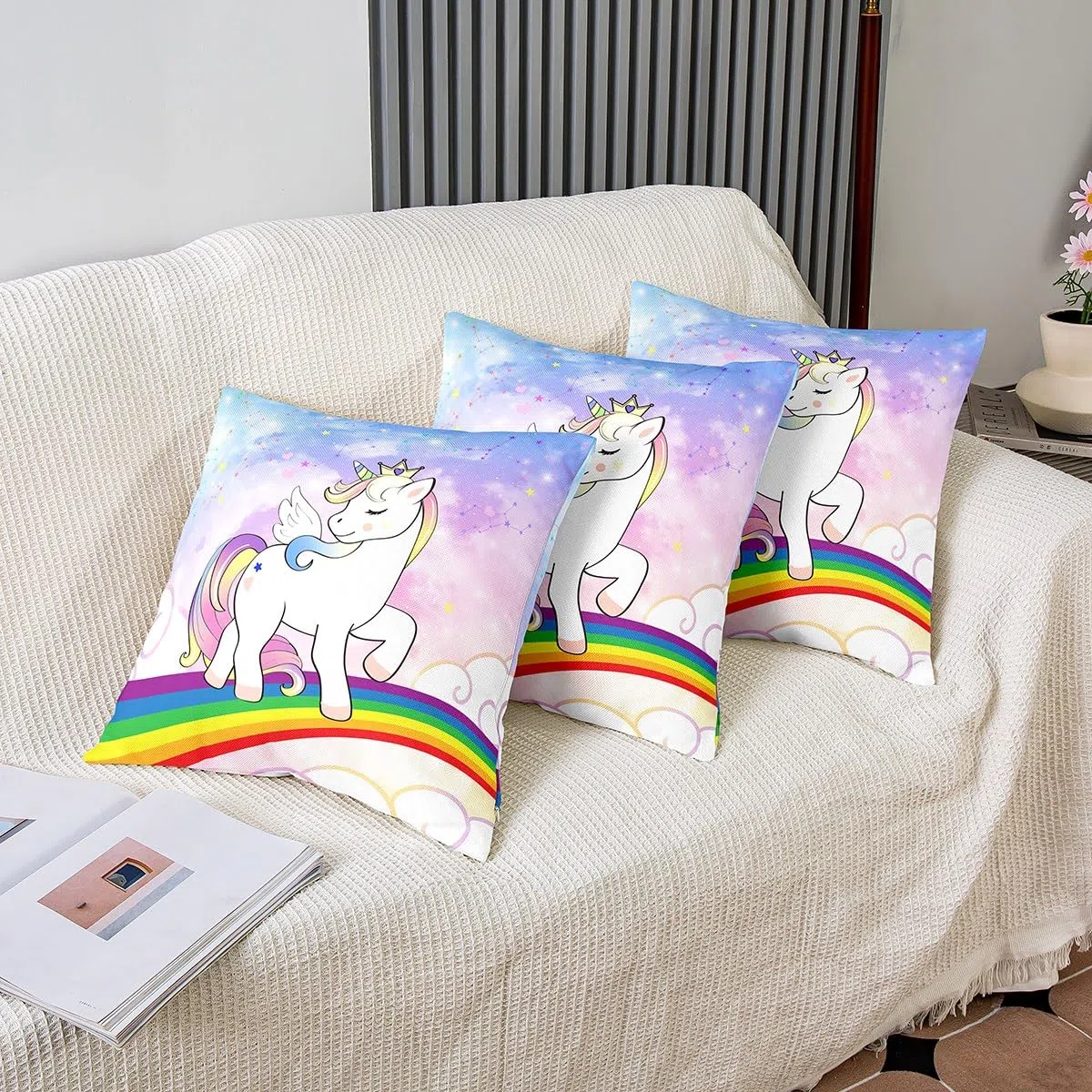Homemissing Federa per cuscino con unicorno, 40,6 x 40,6 cm, 1 pezzo federa per cuscino decorativo per bambini con galassia arcobaleno, federa decorativa per divano a tema unicorno fantasia