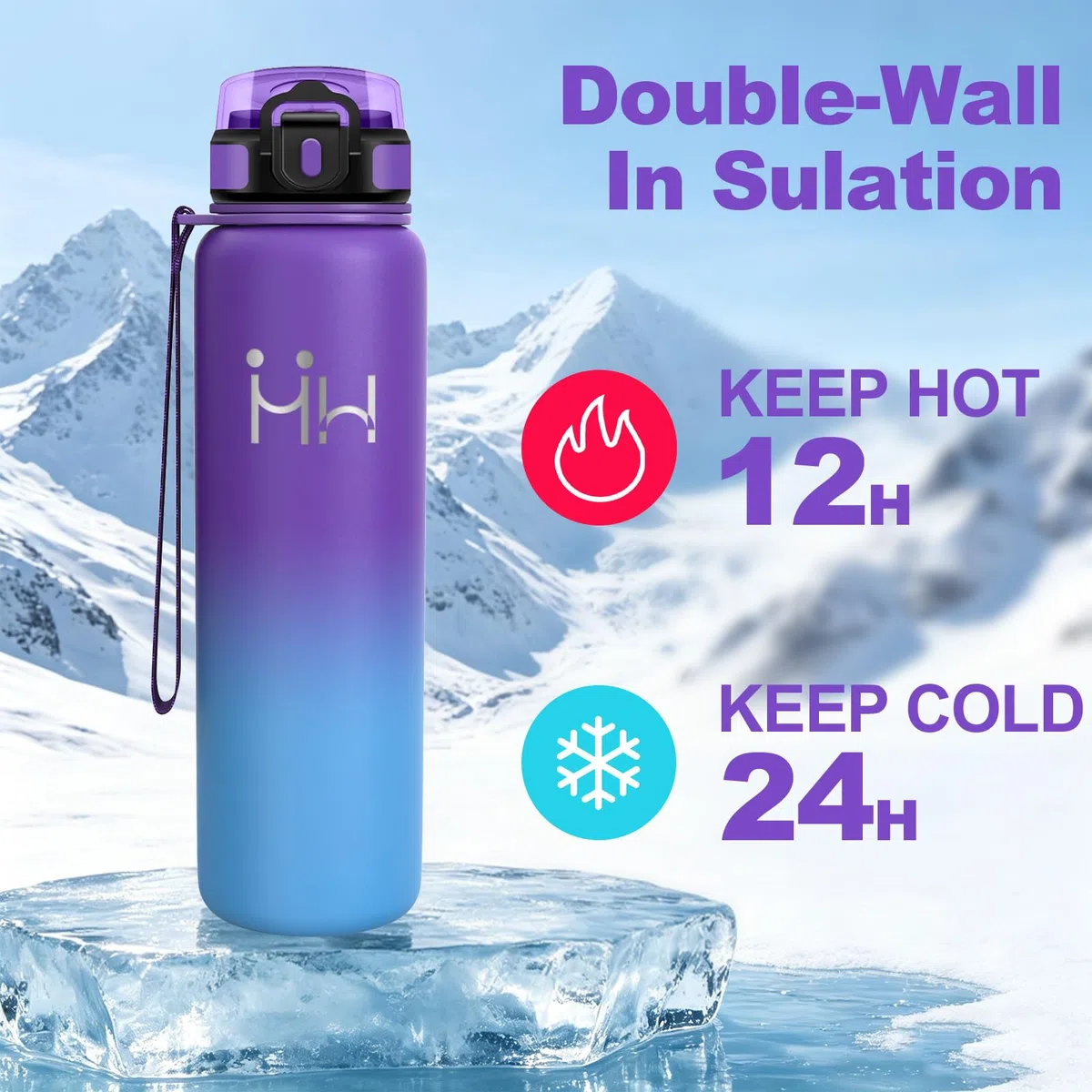 Motswedi Borraccia Termica, 1000ml, Borraccia Acciaio Inox, Riutilizzabile, Bottiglia Termica, senza BPA, Borracce - Lilla & Azzurro Cielo