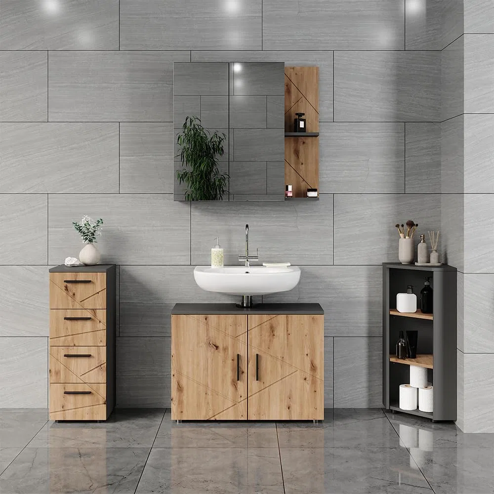 Vicco Mobiletto angolare Irma, Antracite/Rovere dorato, 33 x 81 cm 3 vani portaoggetti, per una conservazione salvaspazio negli angoli della stanza